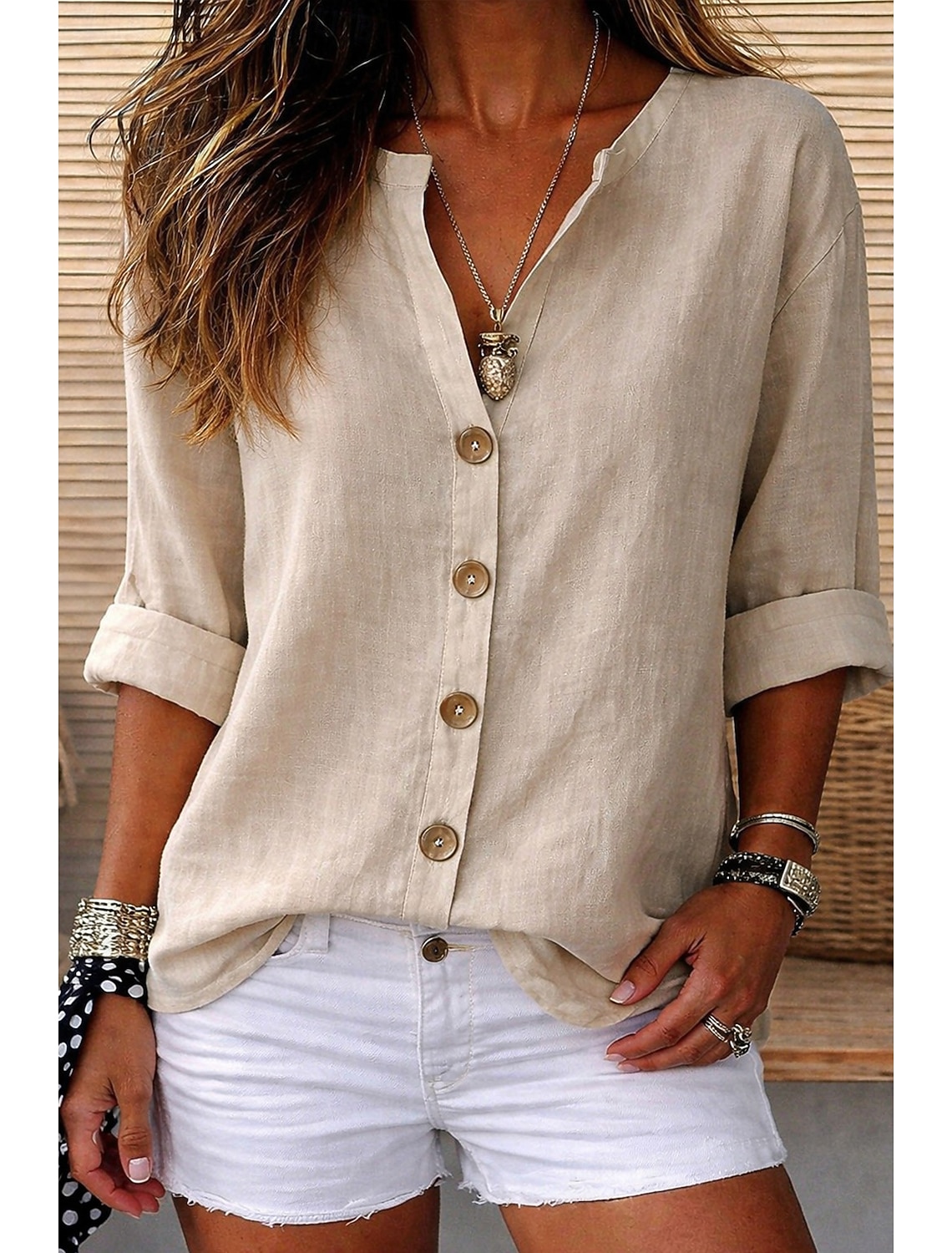 Women's Linen Shirts Blouse Buttons Solid Color Daily Casual 3/4 Length Sleeve V Neck Regular Tops Daily Black White Red Orange Green Summer Spring Fall