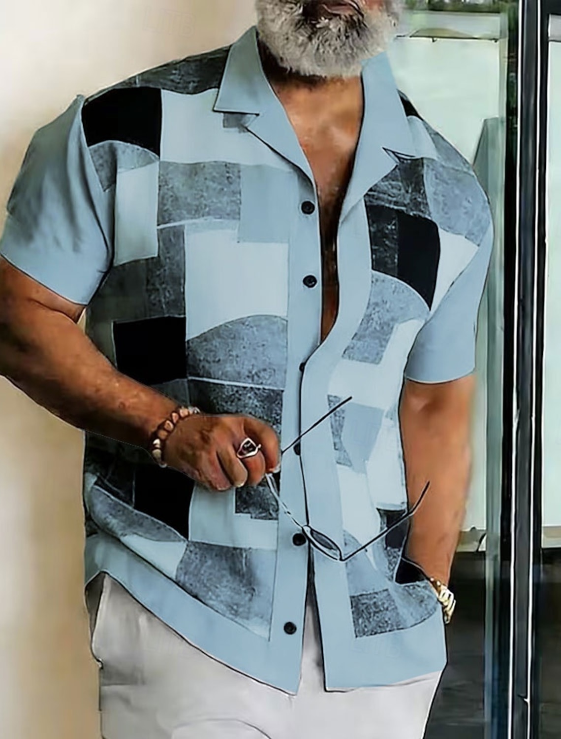 Men's Geometric Color Block Shirt Button Up Camp Collar Short Sleeve