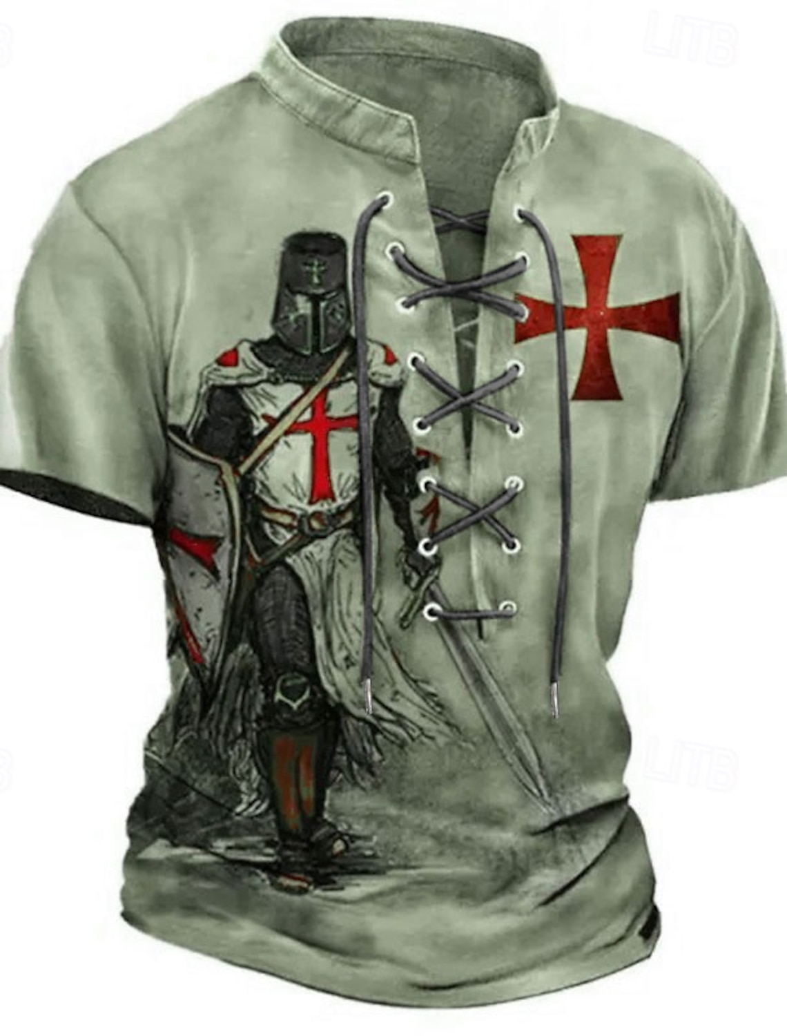 Knights Templar Crusader Armor Red Cross Raven Men's Medieval Renaissance Vintage Gothic Henley Shirt All Over Print Lace Up Short Sleeve Renaissance Faire Cosplay Costume Streetwear Designer Clothing