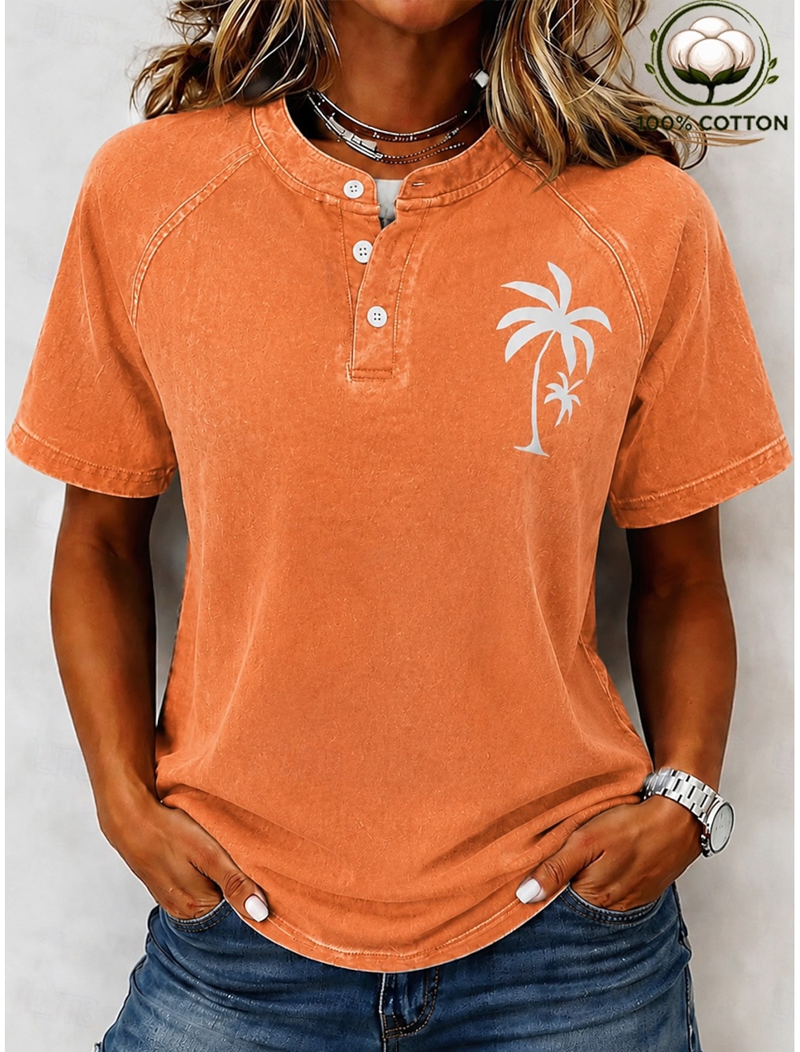 SoftFade™ Women's Vintage 100% Cotton Henley Shirt - Soft Washed Short Sleeve Basic Tops