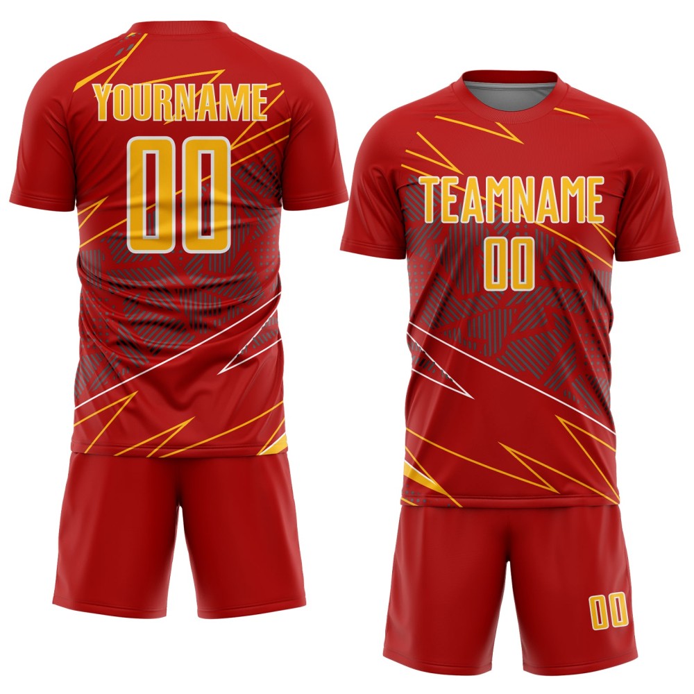 Red Sports Sublimation Jersey Uniform Lines Gold-White Soccer Custom