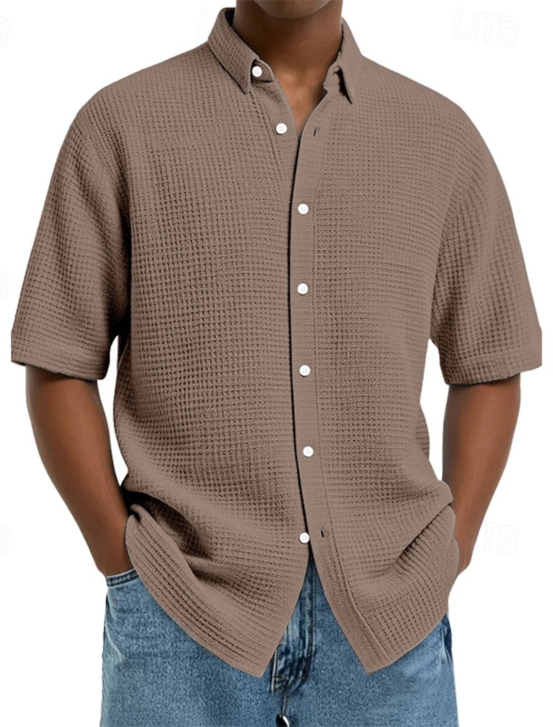 Men's Shirt Waffle Texture Casual Button Up Black White Wine Navy B #1