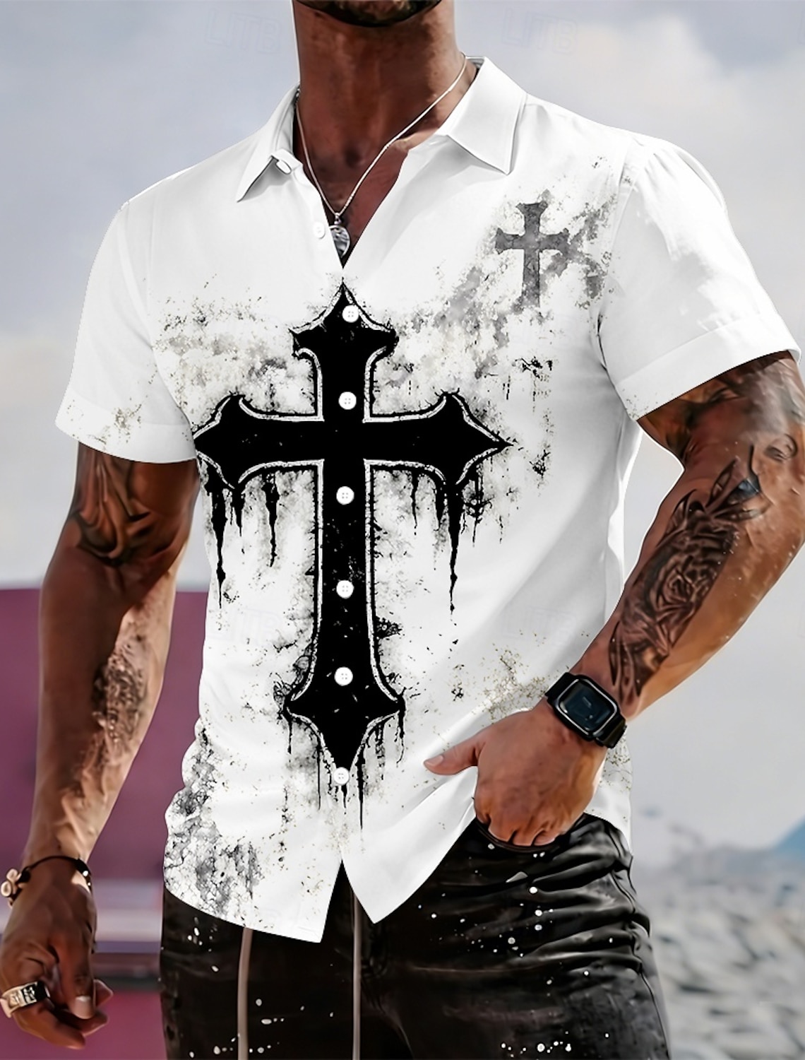 Men's Cross Religion Shirt Casual Shirt Button Up Shirt Long Sleeve Vintage Retro Streetwear Vacation Summer Spring Turndown 3D Print Collared Shirts Blue White Purple Khaki