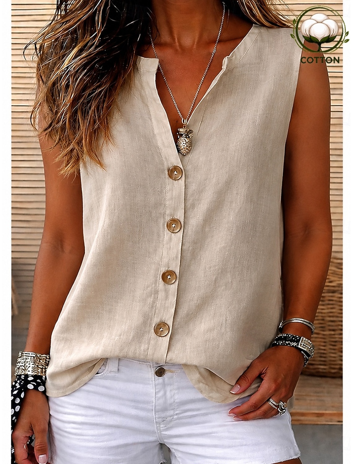 Women's Cotton Linen Blouse Buttons Solid Color Vacation Daily Casual Sleeveless 3/4 Length Sleeve V Neck Regular Tops Casual Daily Going out Khaki Red Orange Green Summer Spring Fall