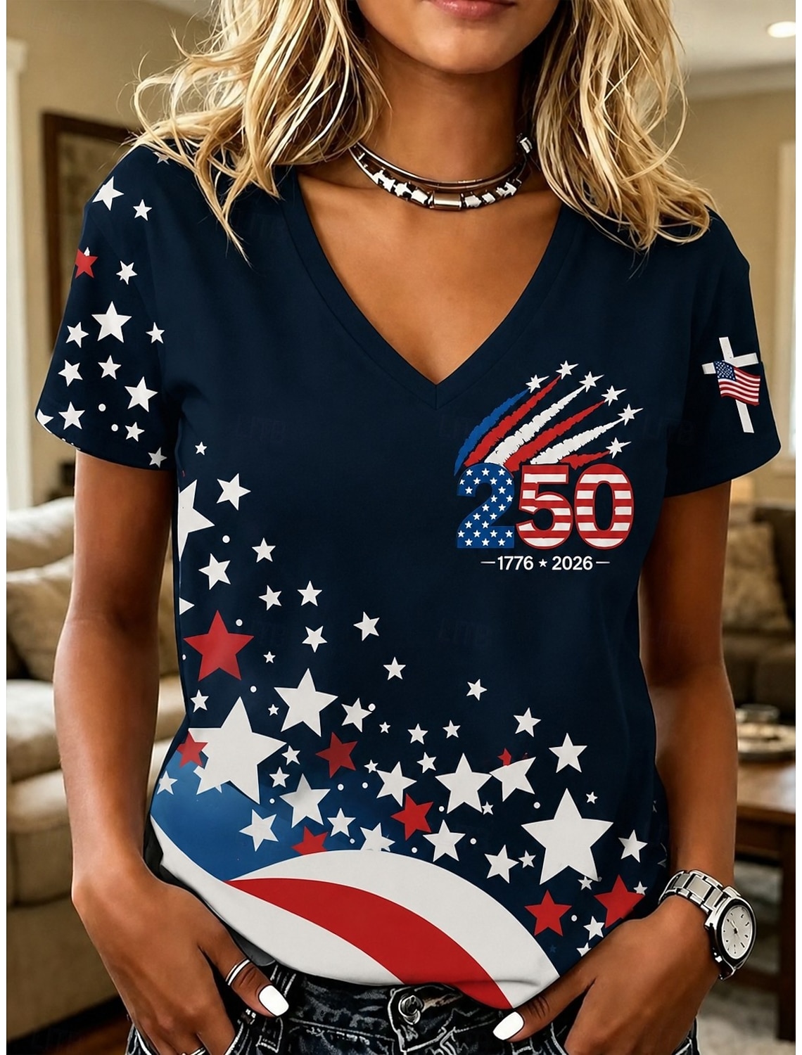 American Independence Day Women's T Shirt Print Graphic Flag American Flag Vintage Stylish Classic Short Sleeve V Neck Regular Tops Daily Blue White-Blue White Red Summer Spring