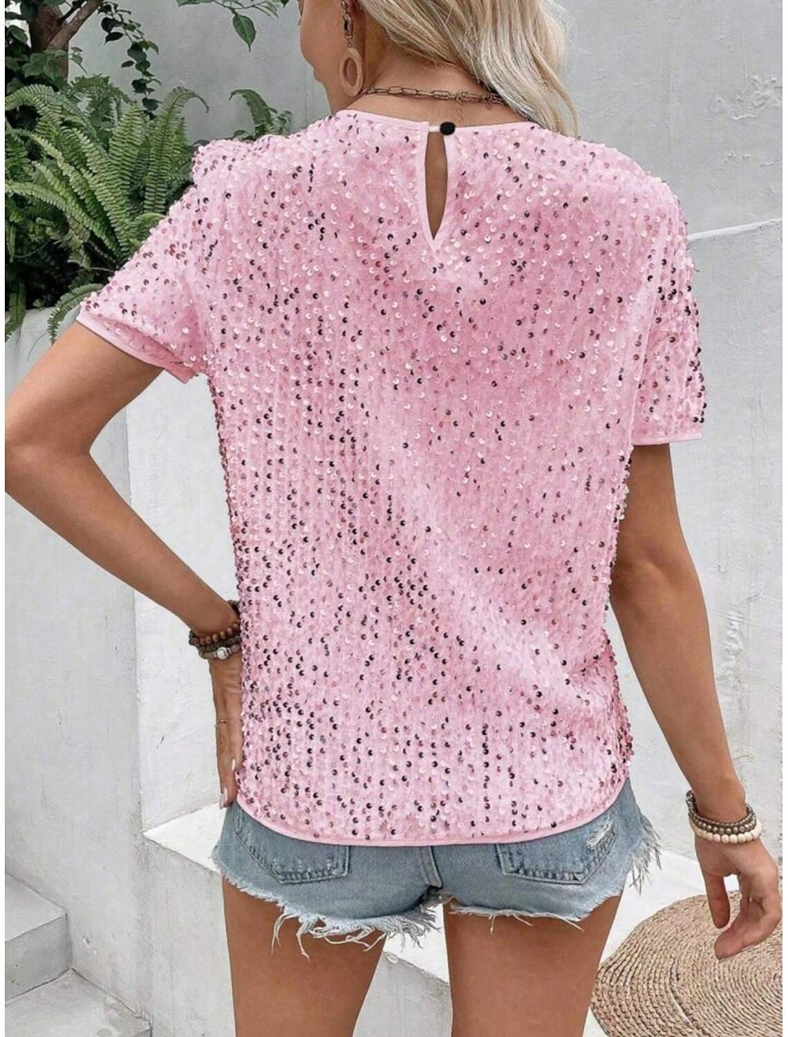 Women's T Shirt Fashion Modern Casual Plain Regular Tops Short Sleeve Crew Neck Sequins Regular Fit Daily Weekend Summer Spring