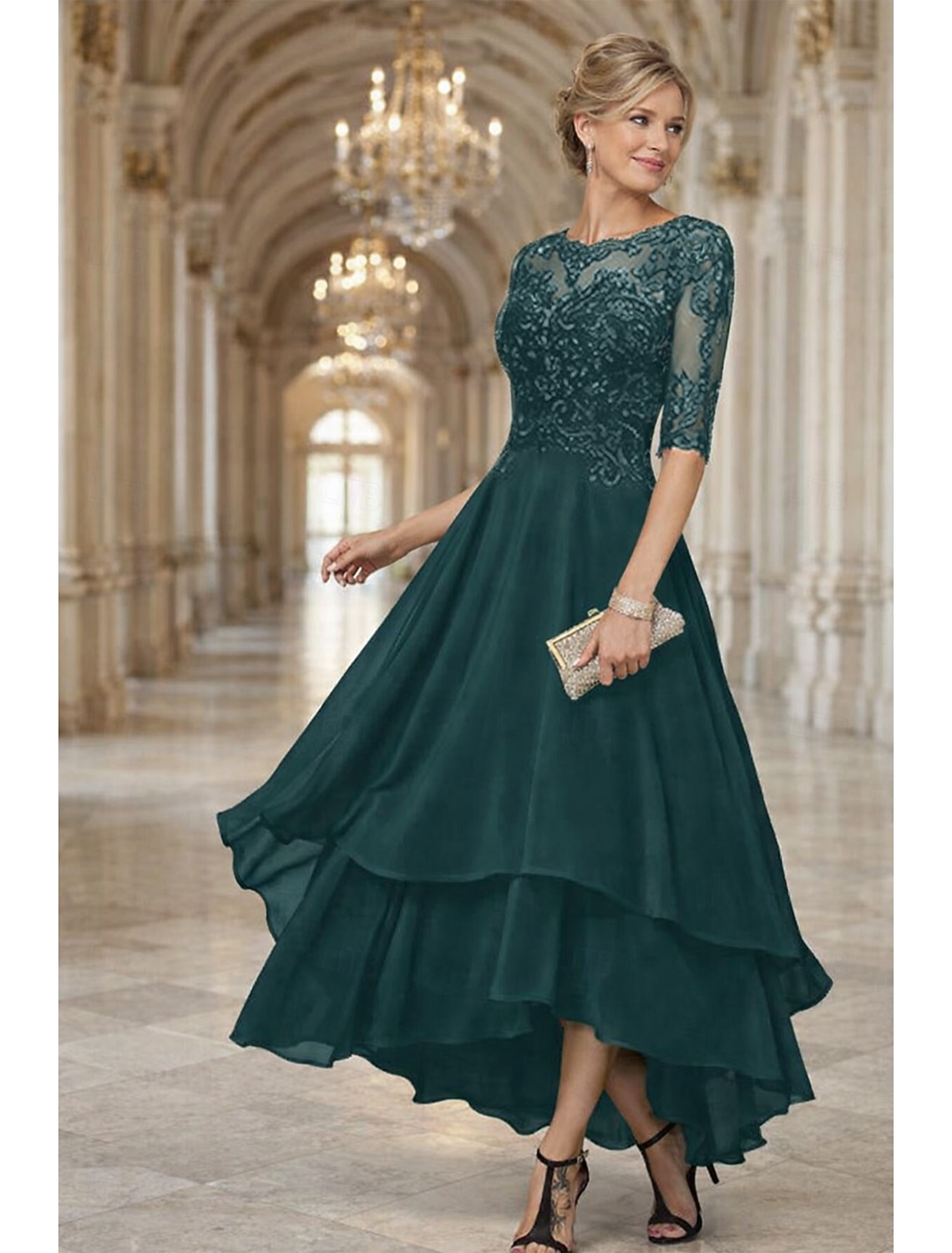 A-Line Asymmetrical Party Dress Cocktail Dress Wedding Guest Dress Mother of the Bride Dress Half Sleeve Boat Neck Elegant Simple Formal Wedding Guest with Solid Color