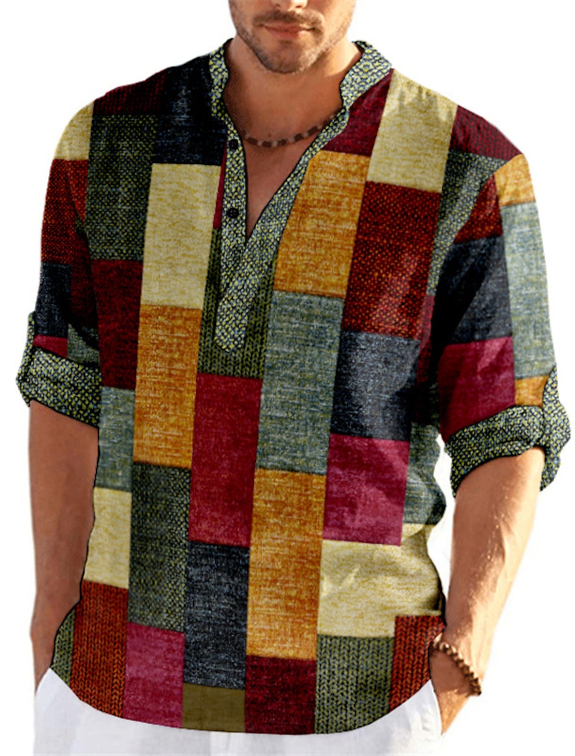 Men's Plaid / Check Patchwork Geometric Pattern Shirt Button Up Shirt Long Sleeve Fashion Streetwear Designer Casual Going out Summer Spring Fall Stand Collar Print Blue Khaki Khaki+Khaki Black White