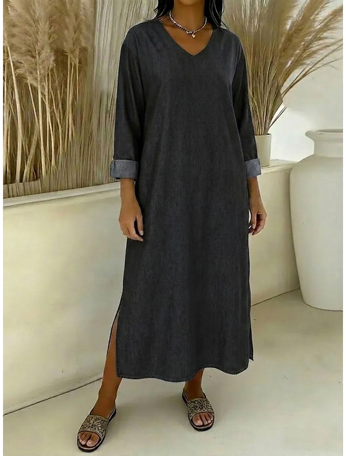 Women's Maxi Dress Vintage Dress Casual Dress Faux Denim Dress Fashion Basic Daily Outdoor Vacation Loose Fit Plain Long Sleeve V Neck Black Dark Blue Summer Spring