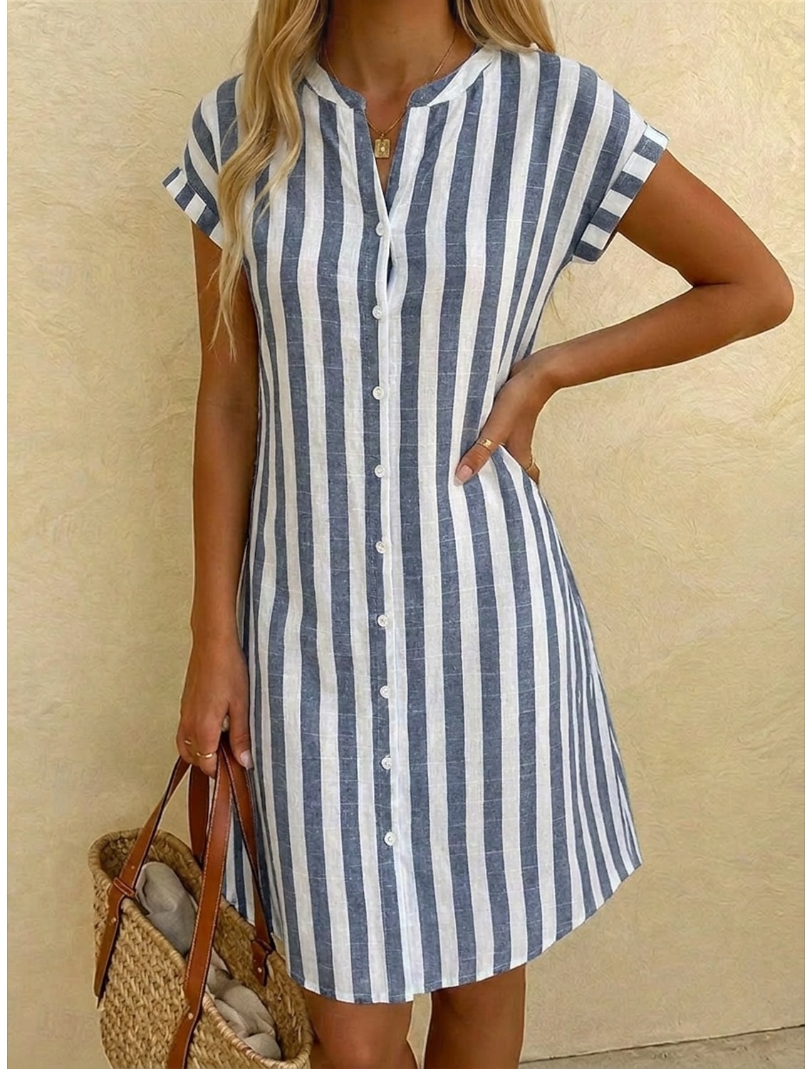 Women's Knee Length Dress Shirt Dress Casual Dress Striped Dress Elegant Fashion Daily Vacation Regular Fit Striped Short Sleeve Mandarin Collar Red Navy Blue Gray Light Blue Summer Spring