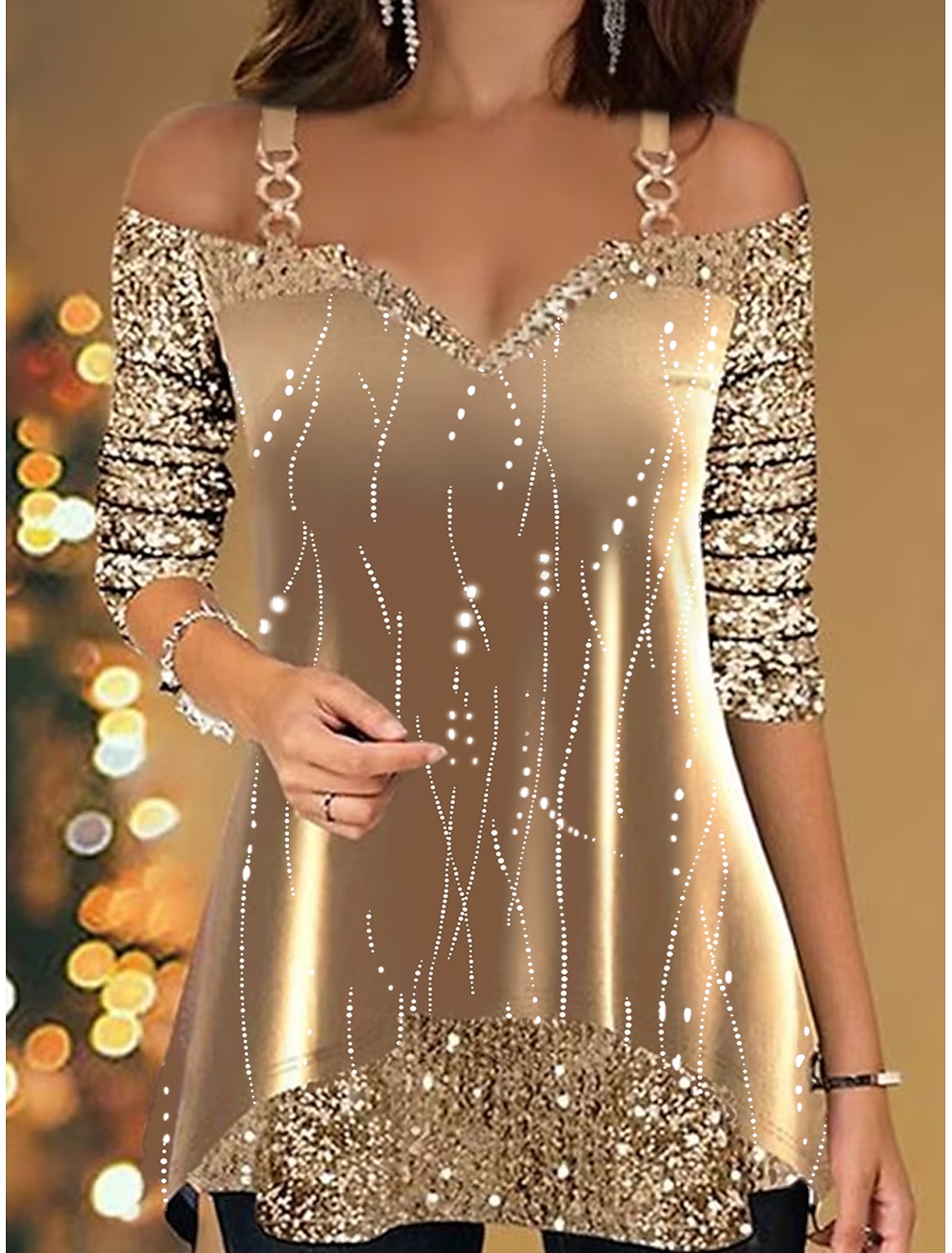 Women's Shirt T Shirt Blouse Shirt Velvet Festival / Holiday Striped Sparkly Sequins Print Cold Shoulder Long Sleeve Regular Tops V Neck Party Weekend Spring & Fall