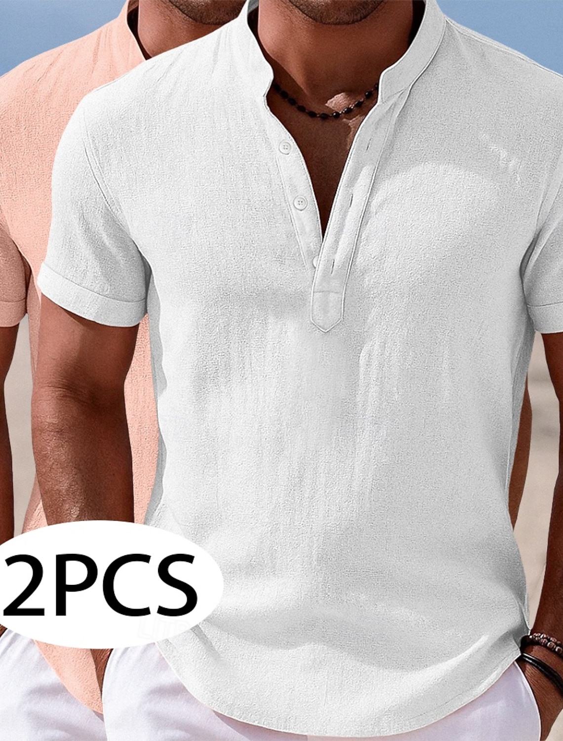 Men Shirt Linen Shirt Popover Shirt Summer Shirt Beach Wear Band Collar Shirt Plain Casual Daily Green+Gray White+Pink Black+Navy Blue Green+Khaki Short Sleeve Henley Summer Clothing Apparel