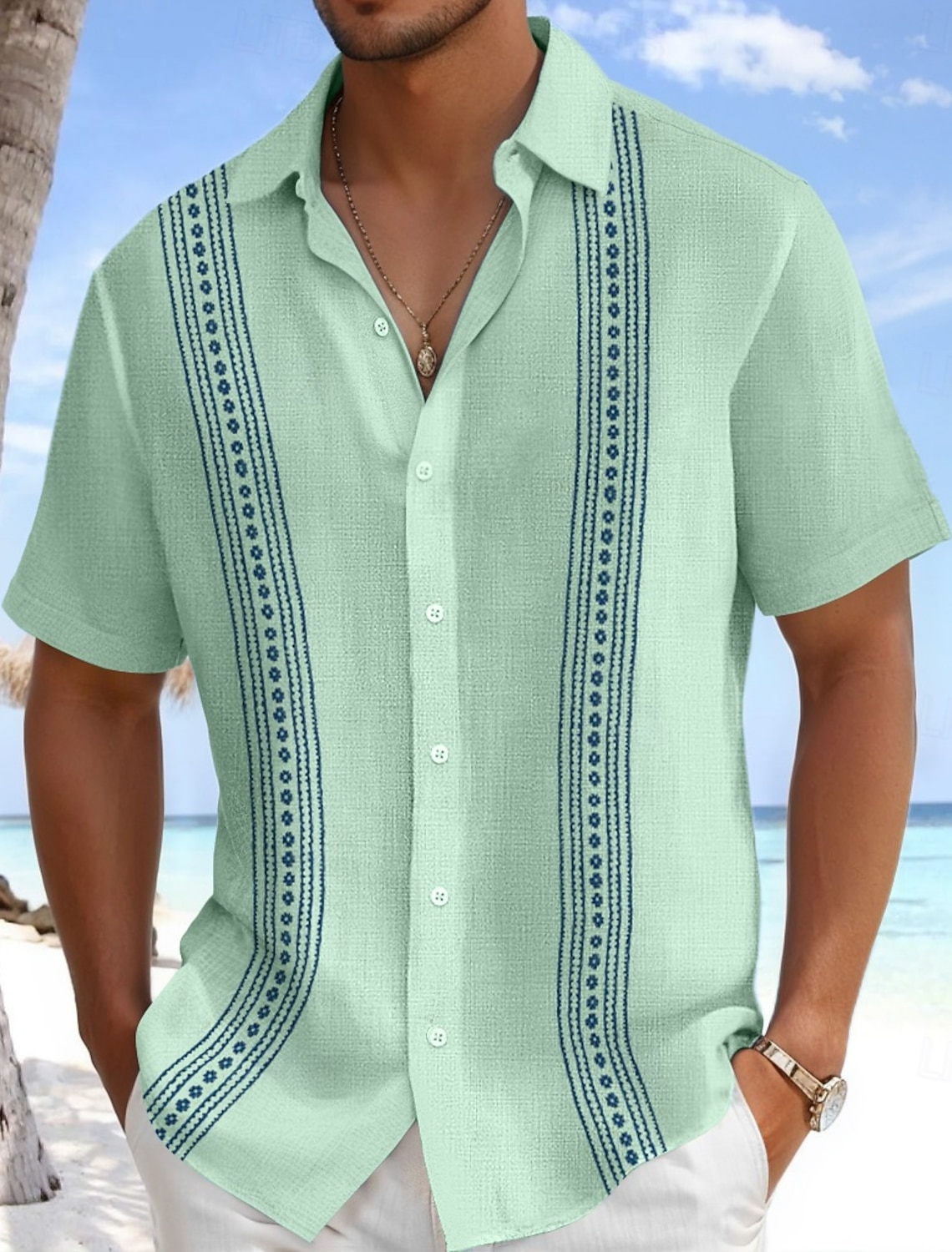 Men's Shirt Linen Guayabera Summer Beach Wear Plain Casual Daily Blue