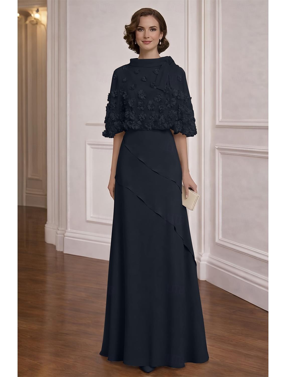 Two Piece A-Line Dress Floor Length Cocktail Dress Wedding Guest Dress Mother of the Bride Dress Half Sleeve Boat Neck Elegant Vintage Formal Chiffon Shawls with 3D Flowers Ruffles Tier