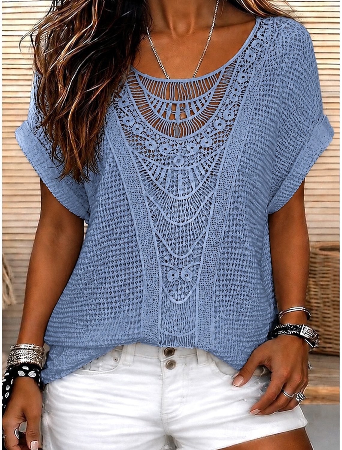 Women's Elegant Eyelet Top Lace Splicing Top Patchwork Elegant Bohemia Vintage Short Sleeve Crew Neck Long Tops Casual Daily Going out Blue Pink Red Orange Beige Summer Spring