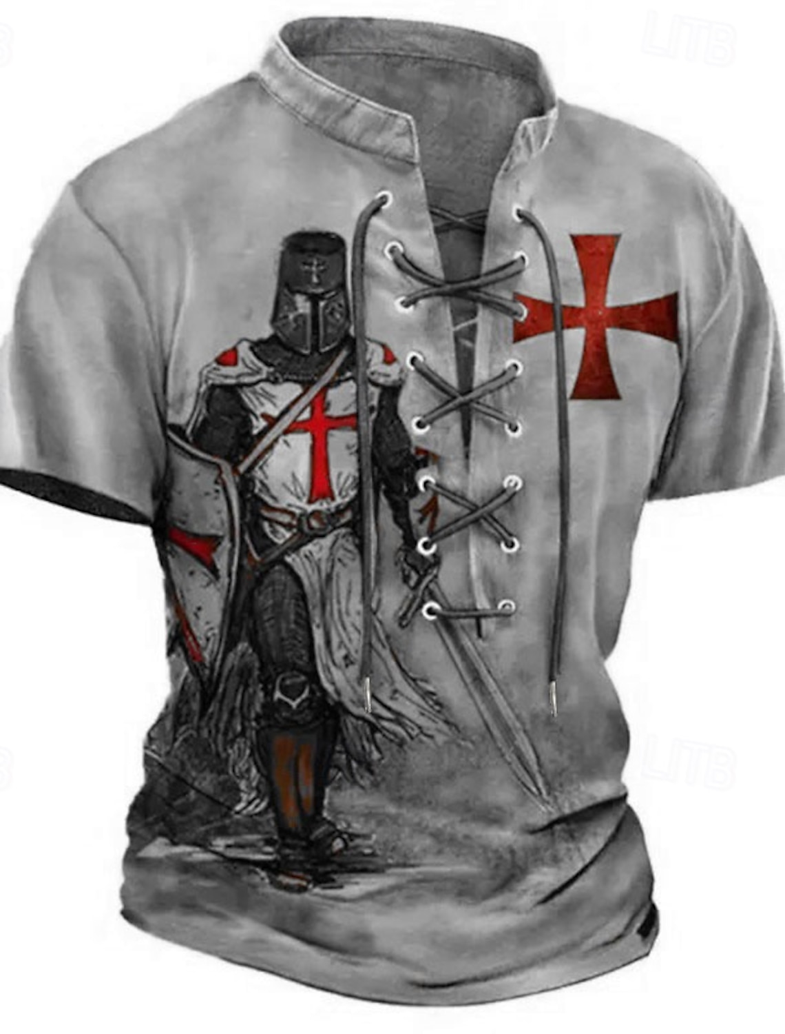 Knights Templar Crusader Armor Red Cross Raven Men's Medieval Renaissance Vintage Gothic Henley Shirt All Over Print Lace Up Short Sleeve Renaissance Faire Cosplay Costume Streetwear Designer Clothing