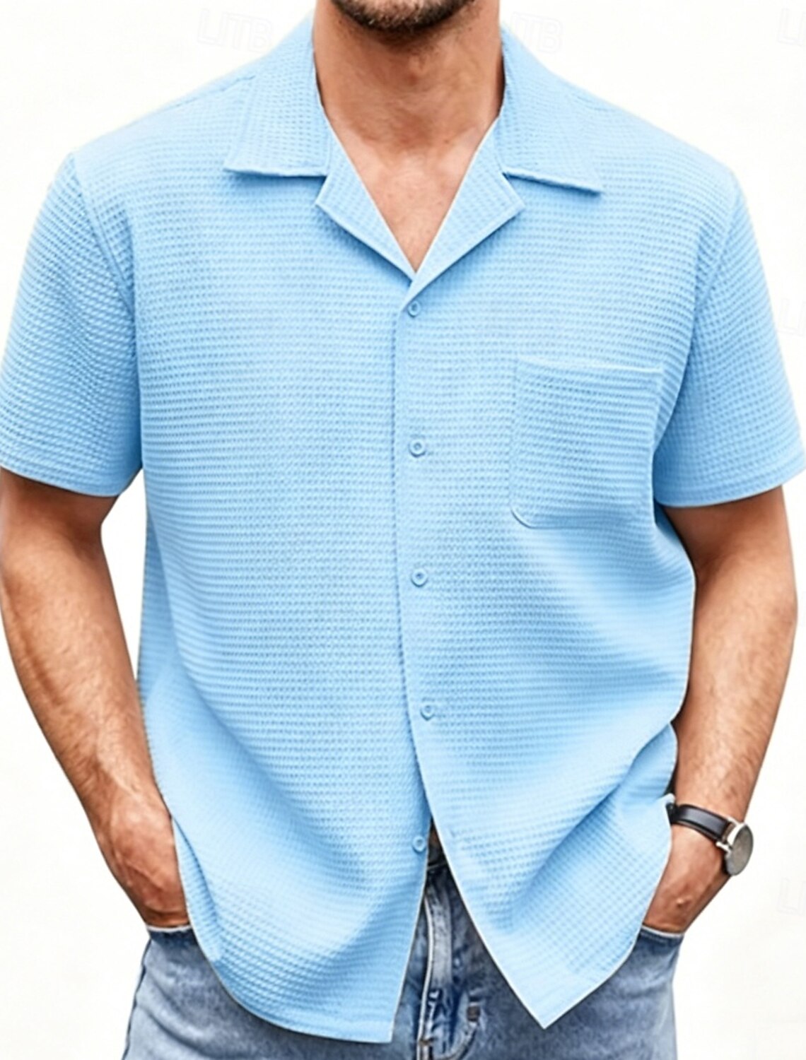 Men's Shirt Waffle Shirt Casual Shirt Button Up Shirt Jacquard Shirt Black White Pink Navy Blue Purple Short Sleeve Plain Shirt Collar Casual Daily Front Pocket Clothing Apparel Elegant Fashion Casual