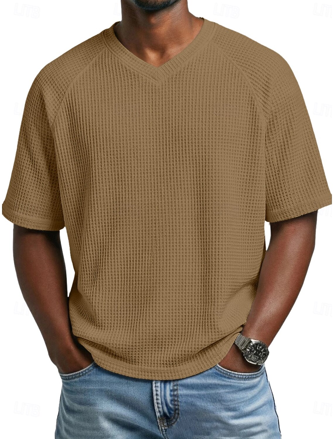 Men Waffle T-shirt Tee Top Short Sleeve V Neck Summer Solid Color