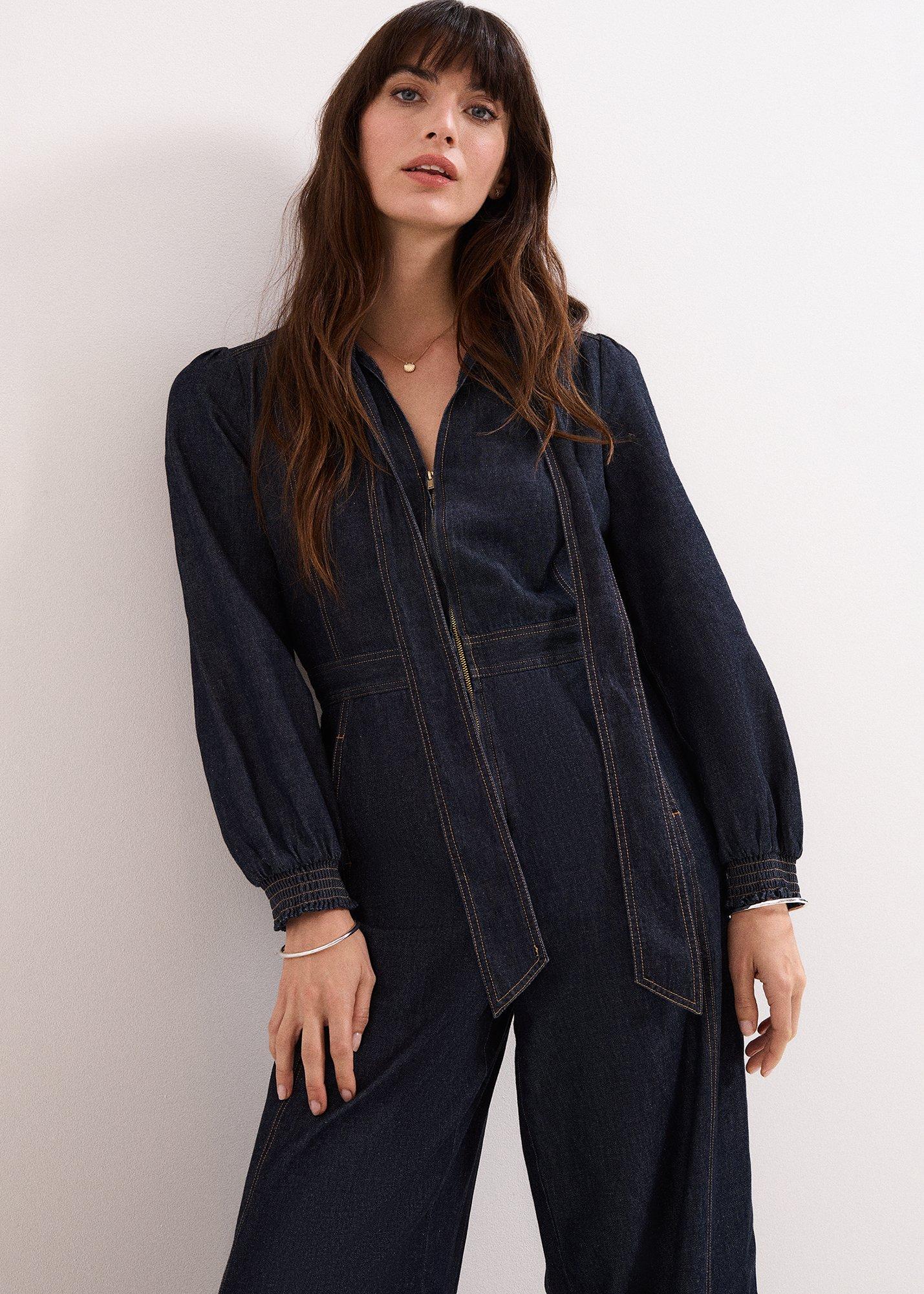 Petite Patricia Denim Pussybow Jumpsuit