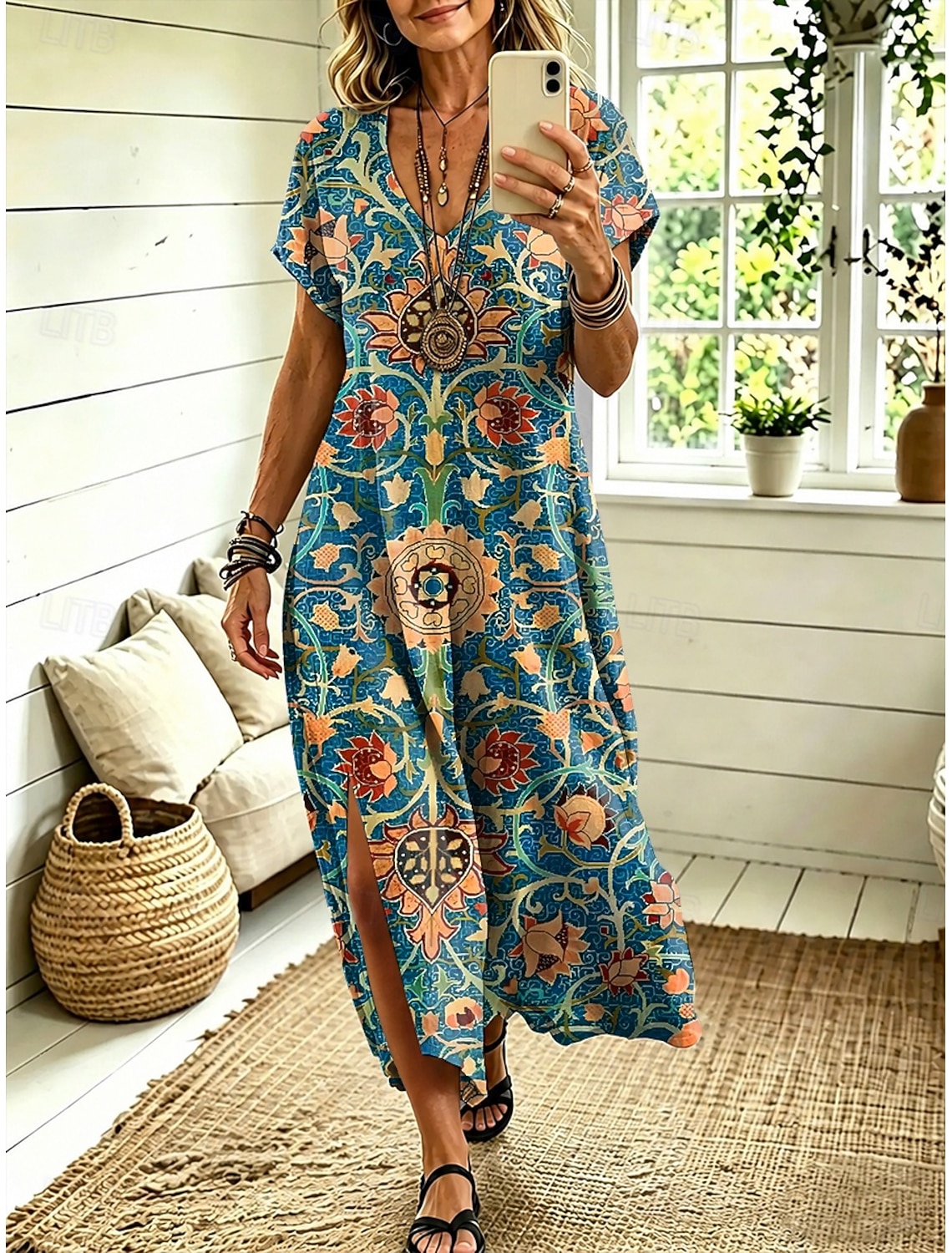 Women's Midi Dress A Line Dress Casual Loose Fit Floral Abstract Short Sleeve V Neck Blue Red Sky Blue Green Summer Spring