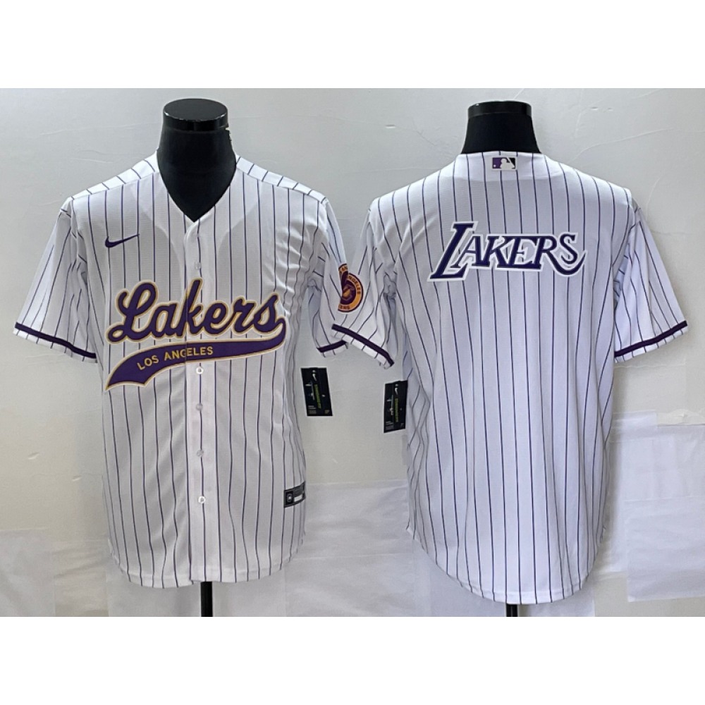Men's Los Angeles Lakers White Team Big Logo Cool Base With Patch Stitched Baseball Jersey