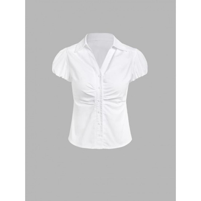 Ruched Button Up Solid Shirt RK4067