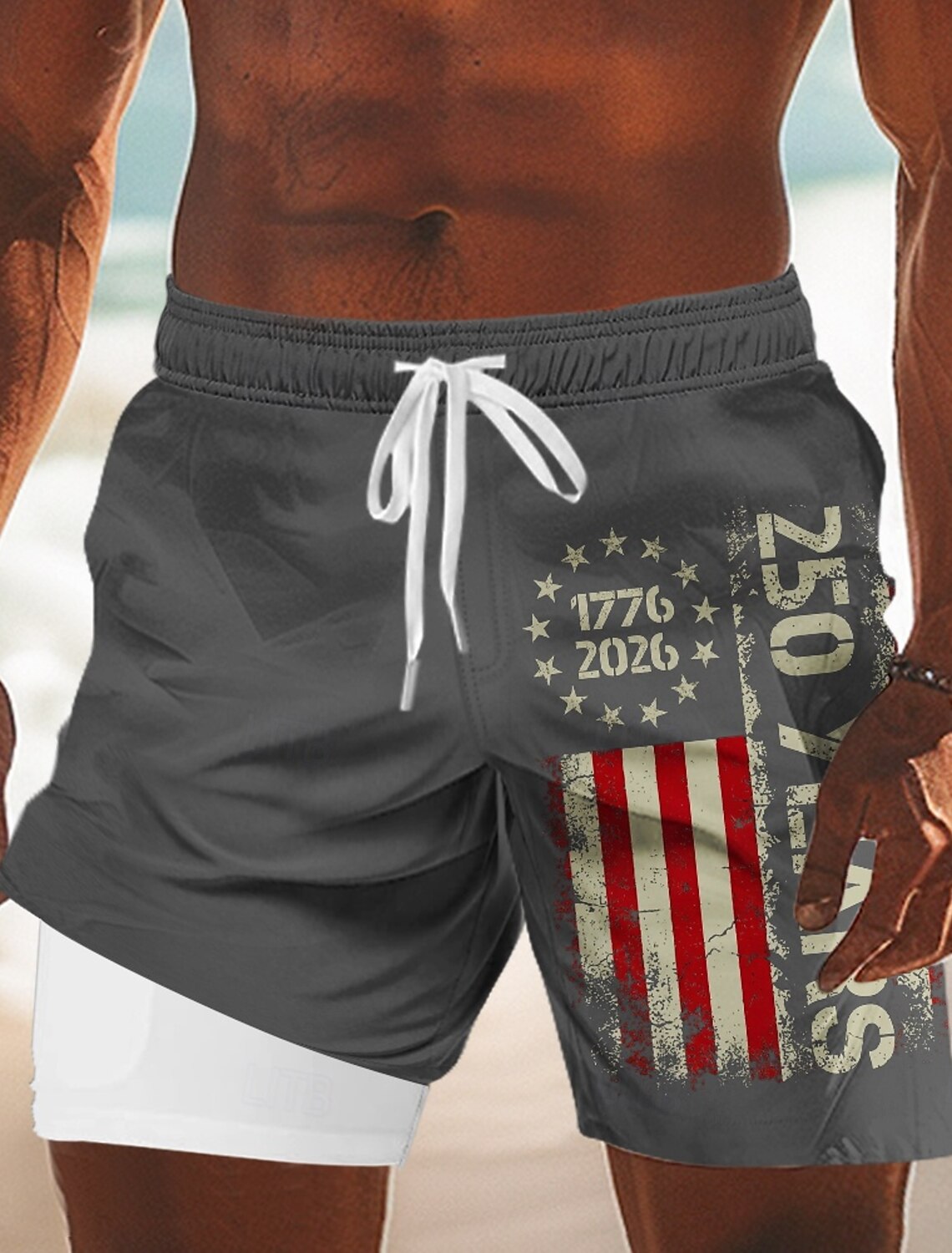 Men's 4th of July U.S. 250th Anniversary US Flag 1776 Lined Shorts 2 in 1 Board Shorts Swim Shorts Mid Waist Patriotic Holiday Side Pockets With Compression Liner Elastic Drawstring Waist Designer