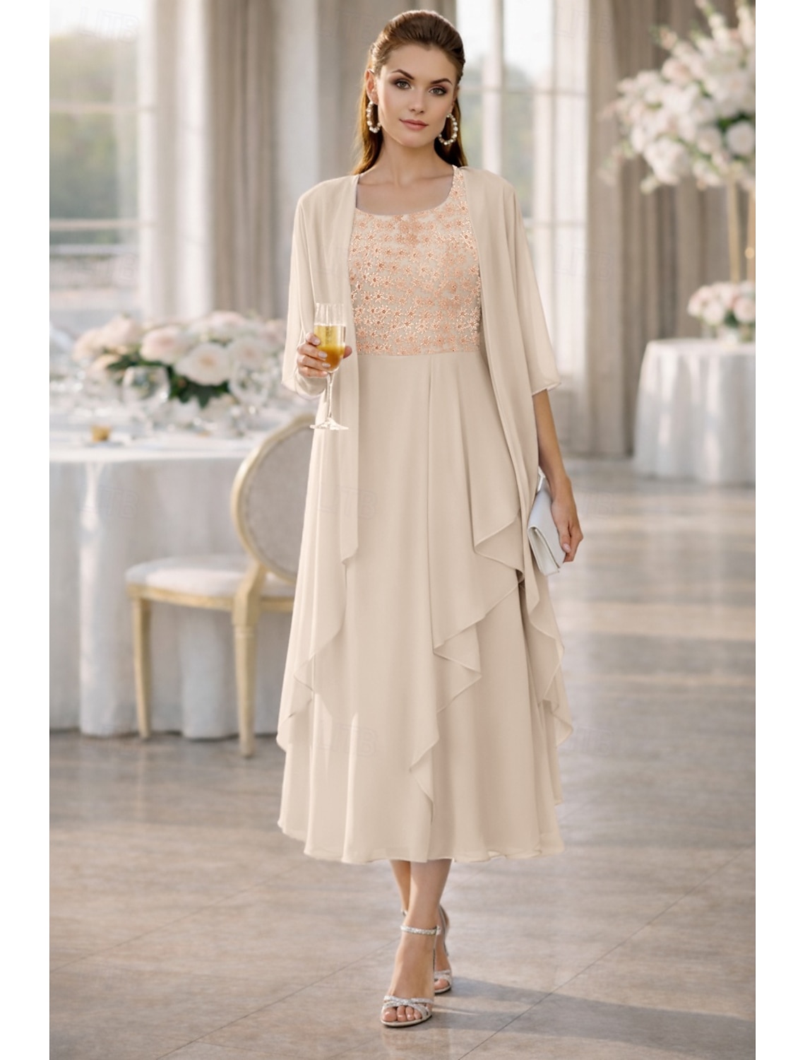 Two Piece A-Line Knee Length Wedding Guest Dress Mother of the Bride Dress Sleeveless Scoop Neck Elegant Wedding Guest Wedding Party Chiffon Lace Jacket Dresses with Pleats Appliques