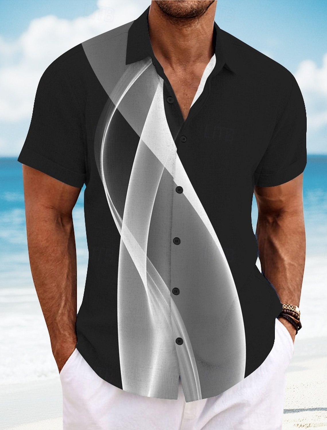 Men's Geometric Gradient Color Line Shirt Summer Button Up Short