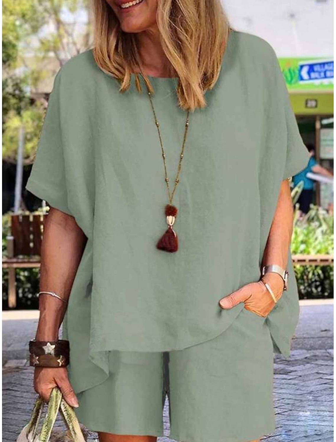 Women's Linen-feel Set Two Piece Sets Short Sleeve Short Pant Crew Neck Pure Color Pocket Elastic Waist Fashion Comfort Soft Daily Home Vacation White Khaki Army Green Summer