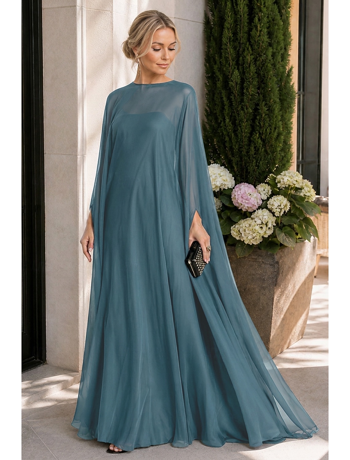 Sheath Evening Gown Empire Dress Formal Evening Sweep / Brush Train Long Sleeve Boat Neck Fall Wedding Guest Chiffon with Pleats dress to impress