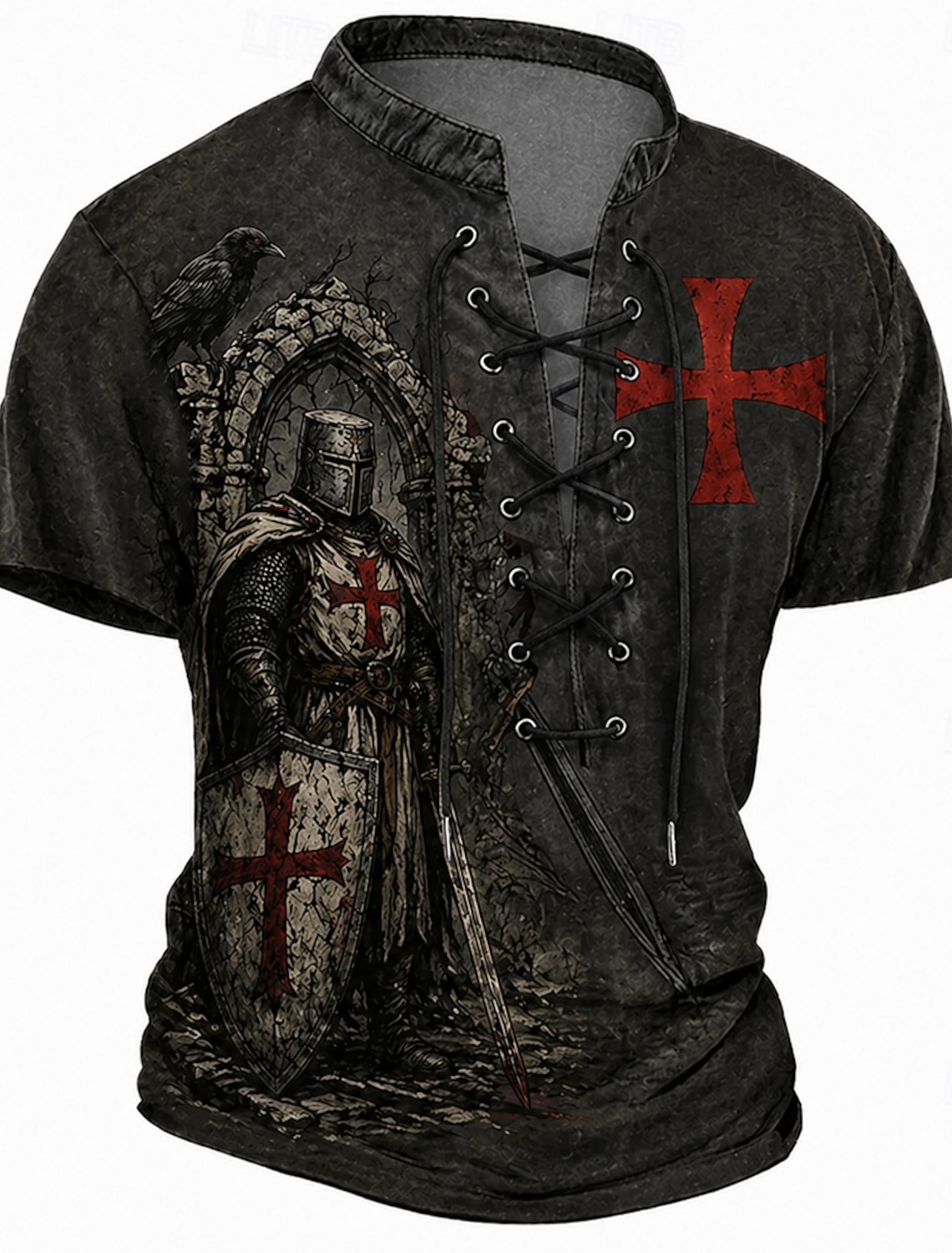 Knights Templar Crusader Armor Red Cross Raven Men's Medieval Renaissance Vintage Gothic Henley Shirt All Over Print Lace Up Short Sleeve Renaissance Faire Cosplay Costume Streetwear Designer Clothing