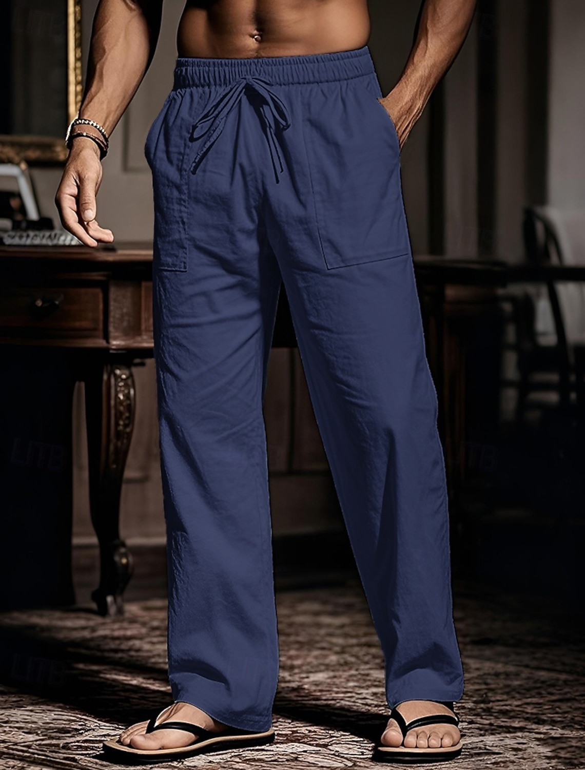 Men's Cotton Pants Drawstring Pocket Elastic Waist Plain Comfort Breathable Beach Vacation Boho Black White