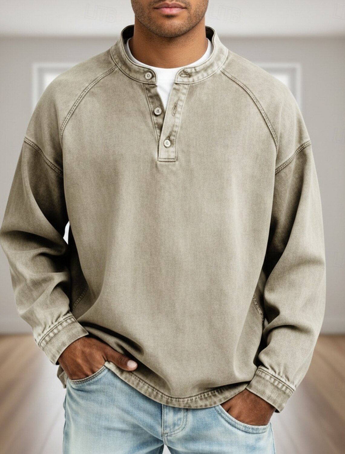 Men's T Shirt Henley Denim 100% Cotton Acid Wash Tee Top Long Sleeve