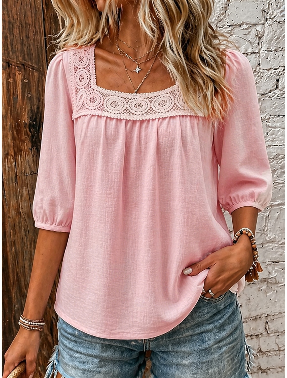 Women's Linen-feel Shirts Blouse Lace Trim Solid Color Daily Stylish Basic 3/4 Length Sleeve Square Neck Regular Tops Casual Daily Blue White Pink Navy Blue Green Summer Spring Fall
