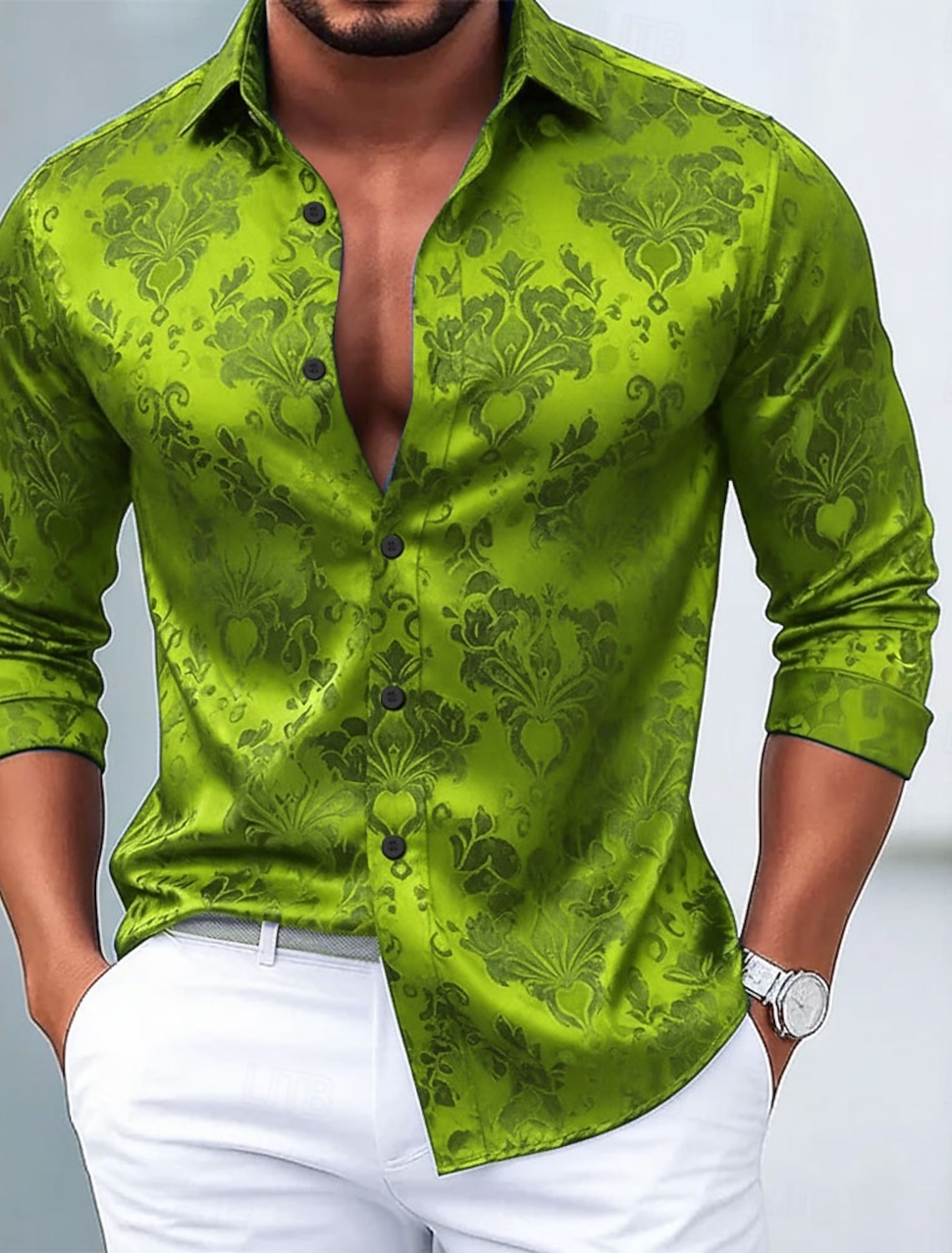 Men's Ethnic Intricate Floral Flowers Shirt Satin Dress Long Sleeve