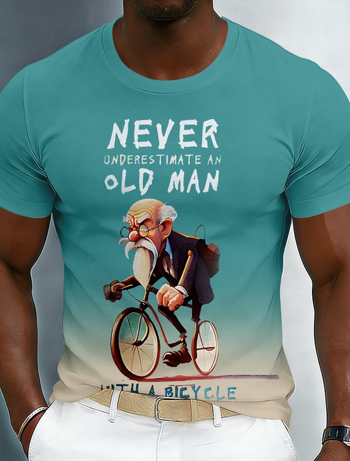 Never Underestimate An Old Man With A Bicycle Men's Funny Cycling Biker 3D Cartoon Caricature Graphic T Shirt Short Sleeve Crew Neck Teal Gradient Casual Tee Gift Apparel S M L XL XX