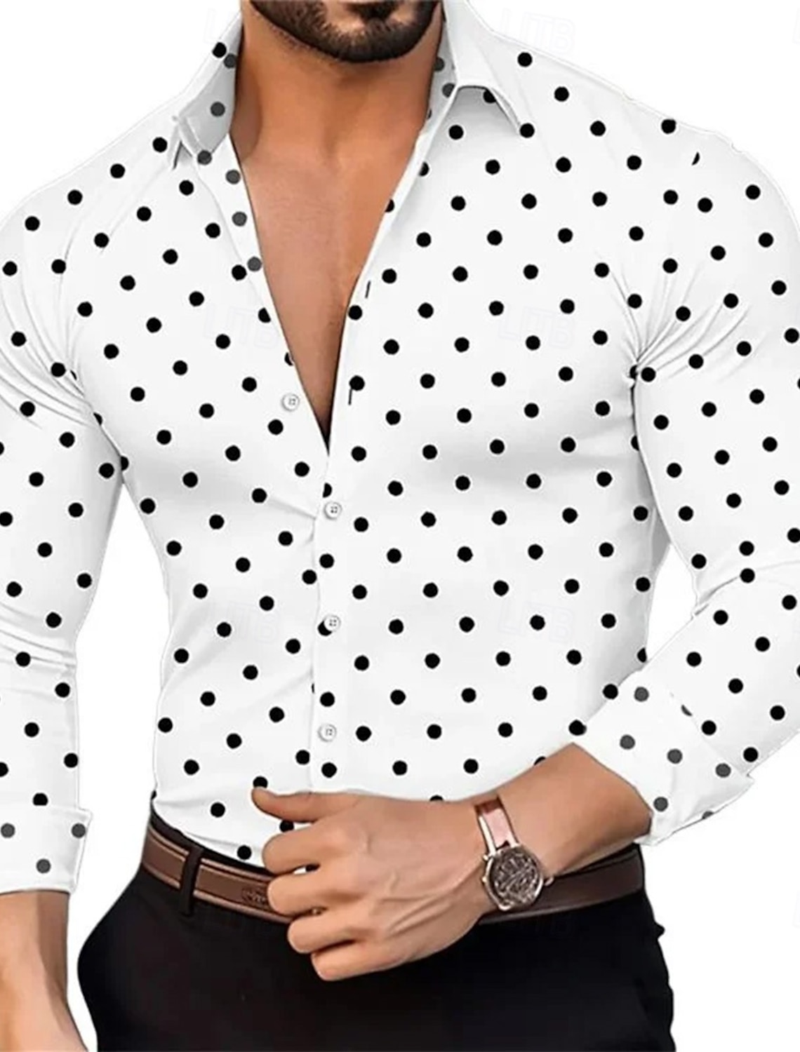 Men's Polka Dot Shirt Button Up Casual Dress Long Sleeve Fashion