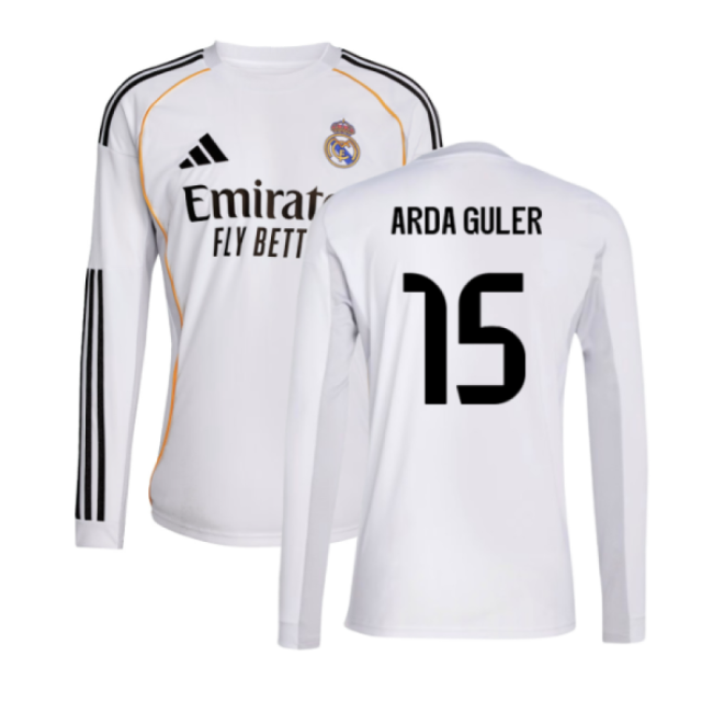 2025-2026 Real Madrid Long Sleeve RM Official Home Shirt (Arda Guler