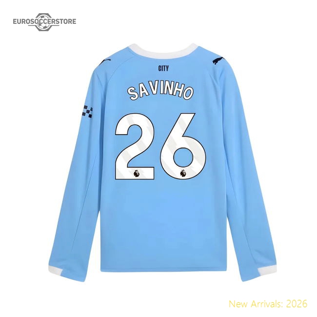 Home Shirt Kids Savinho 26 2025-2026 Man City Long Sleeve
