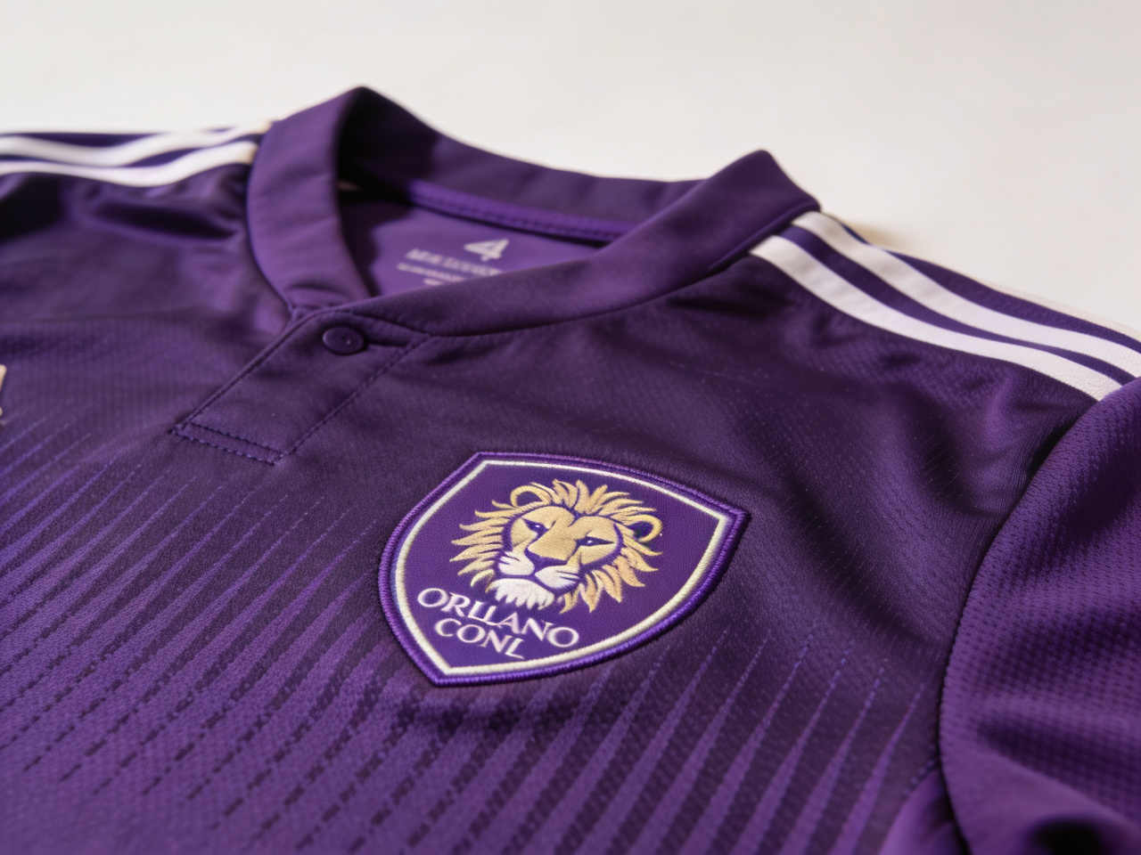 Close-up of the majestic purple color and lion crest on the Orlando City SC home jersey for the 2024 season.
