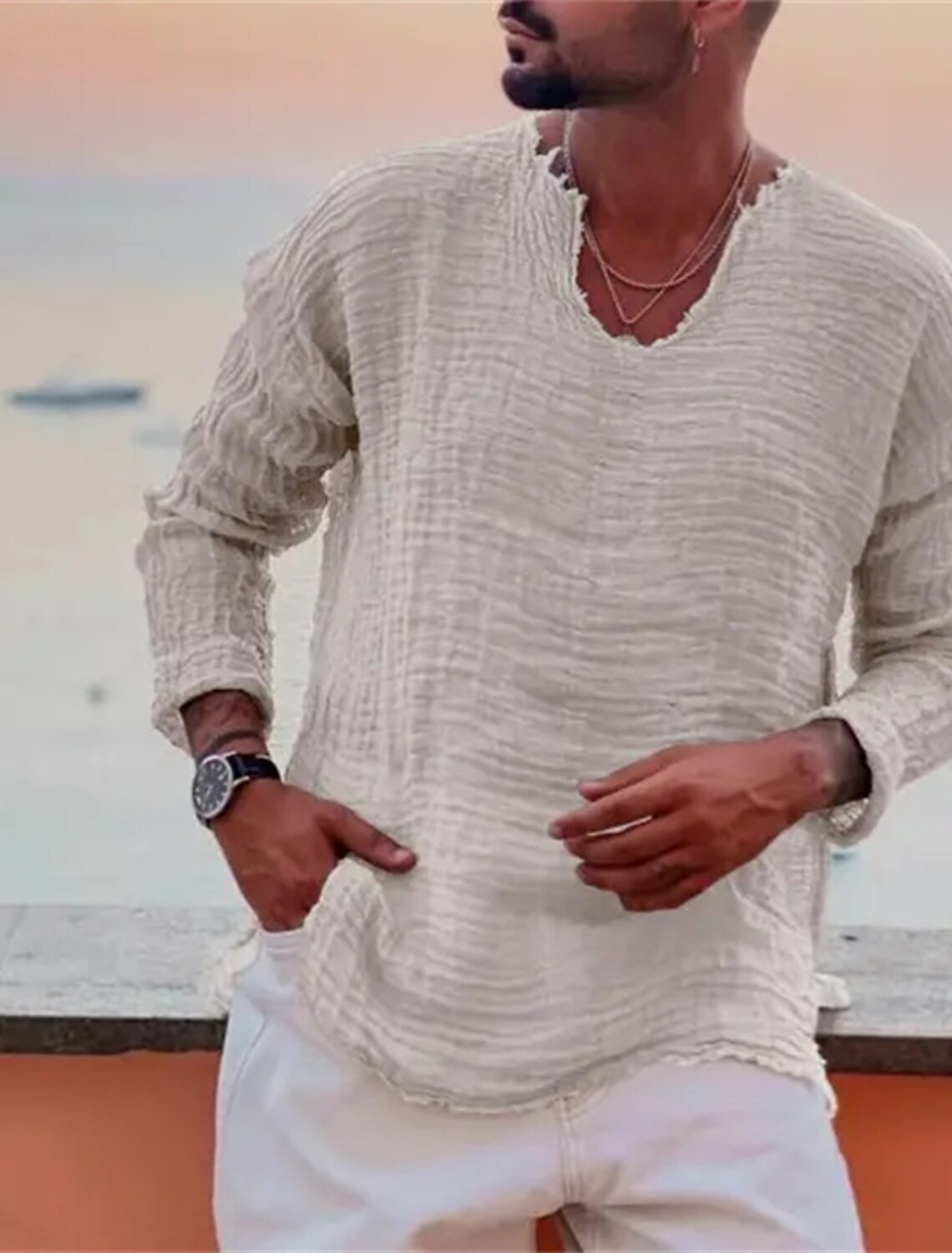 Men's Linen Shirt Summer Beach Wear Casual Plain Vacation Curise White