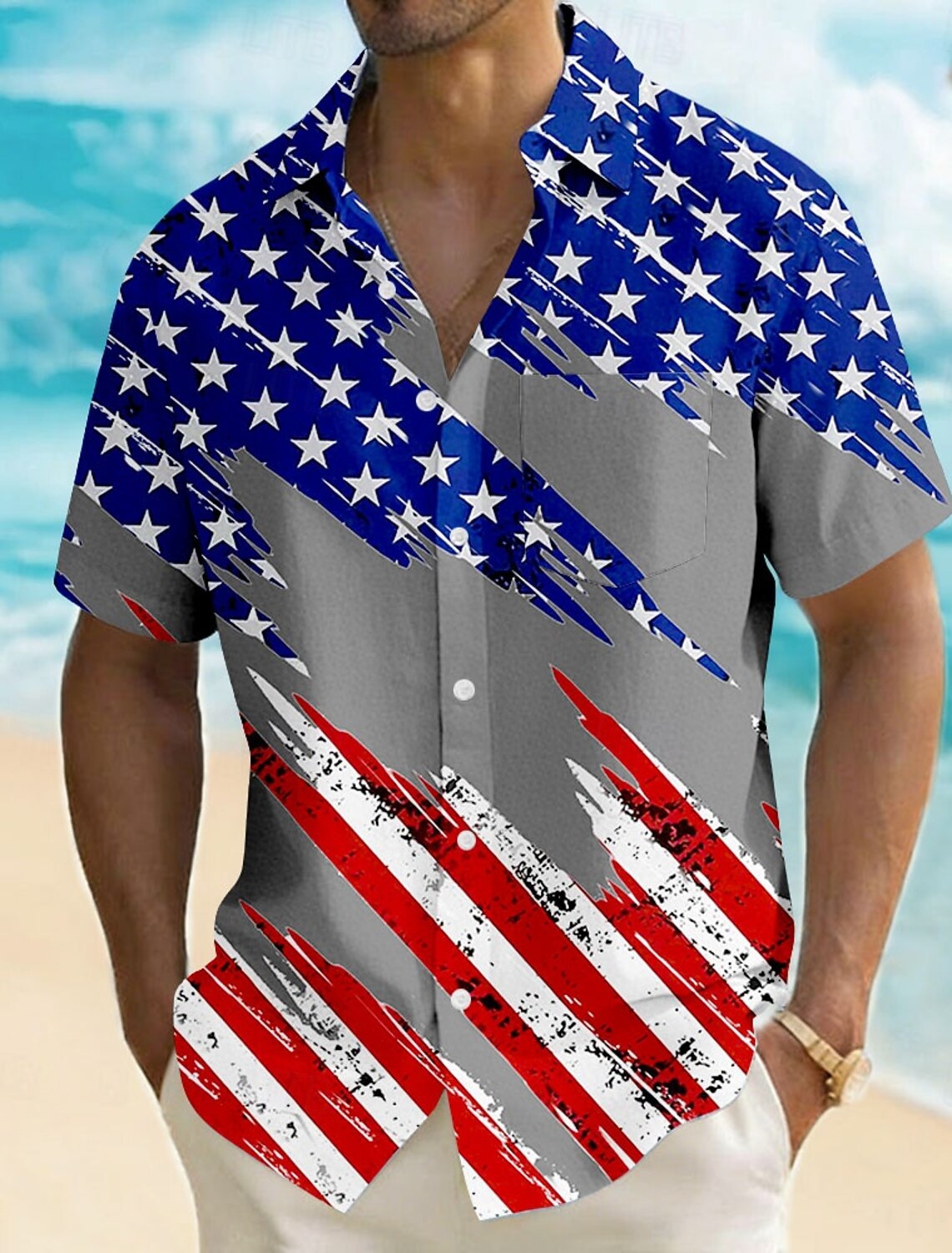 Men's 4th of July U.S. 250th Anniversary American Flag Shirt Summer Shirt Button Up Shirt Short Sleeve Patriotic Outdoor Holiday Summer Spring Turndown 3D Print Front One Pocket Linen Like Shirt Blue