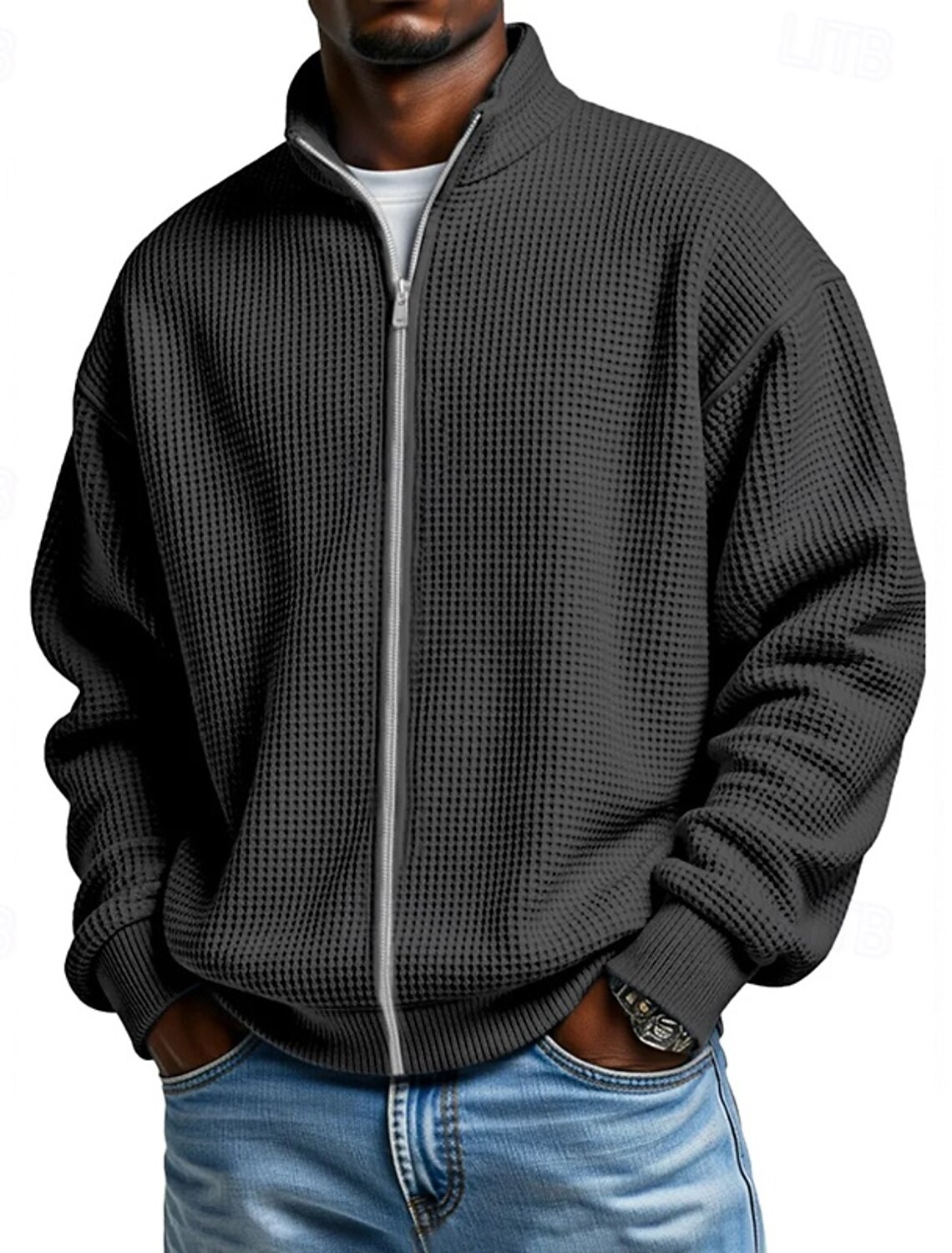 Men's Sweatshirt Waffle Sweatshirt Pullover Hoodie Sweatshirt Pullover Full Zip Sweatshirt Black Navy Blue Light Blue Standing Collar Plain Textured Casual Daily Sports & Outdoor Polyester Streetwear