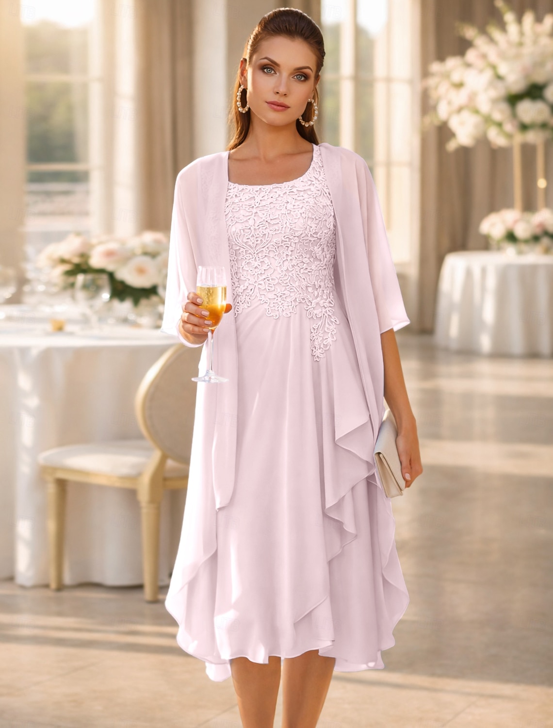 Two Piece A-Line Knee Length Wedding Guest Dress Mother of the Bride Dress Sleeveless Scoop Neck Elegant Wedding Guest Wedding Party Chiffon Lace Jacket Dresses with Pleats Appliques