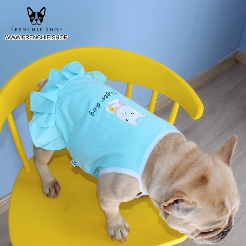 French Bulldog Blue Skirt Outfit Frenchie Summer Dress (w307) Warm Dog Outfit