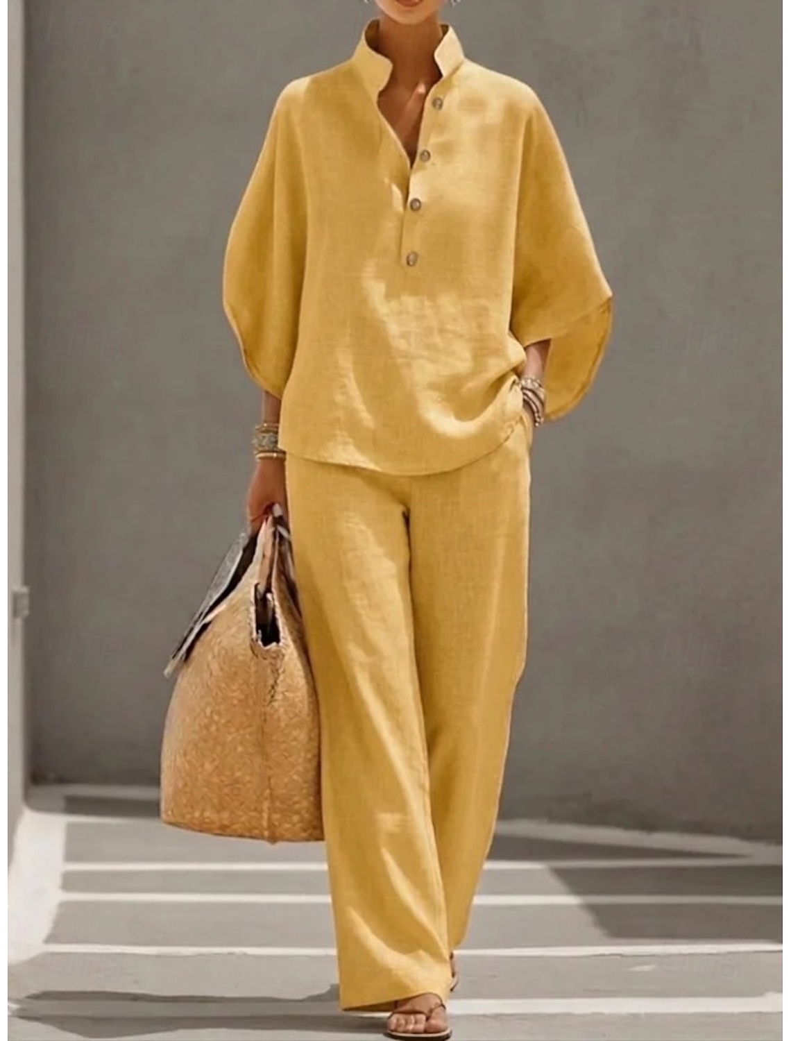 Women's Cotton Linen Sets 3/4 Length Sleeve Stand Collar Solid Color Daily Distressed Casual Daily Black Yellow Wine Summer Loose Fit