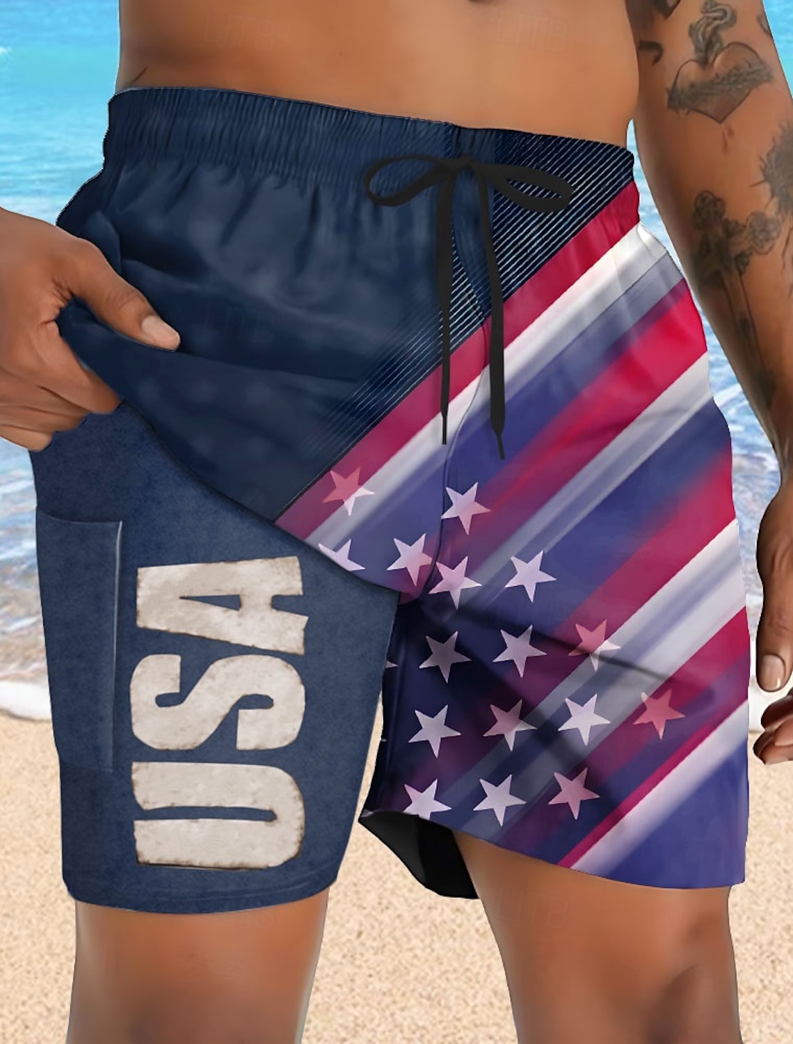 Independence Day Men's 4th of July U.S. 250th Anniversary Patriotic USA Flag Lined Shorts 2 in 1 Board Shorts Swim Trunks Mid Waist Holiday Side Pockets With Compression Liner Elastic Drawstring Waist