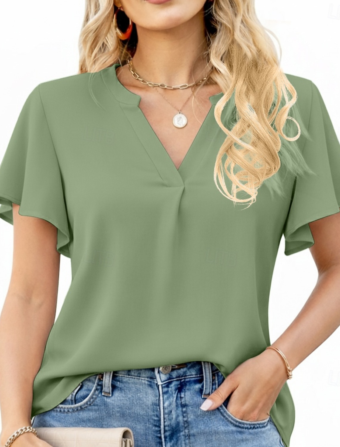 Women's Shirt Summer Shirt Casual Shirt Chiffon Tops Ruffle Solid Color Plain Elegant Vacation Fashion Short Sleeve V Neck Regular Tops Daily Holiday Going out Blue Black White Light Green Pink