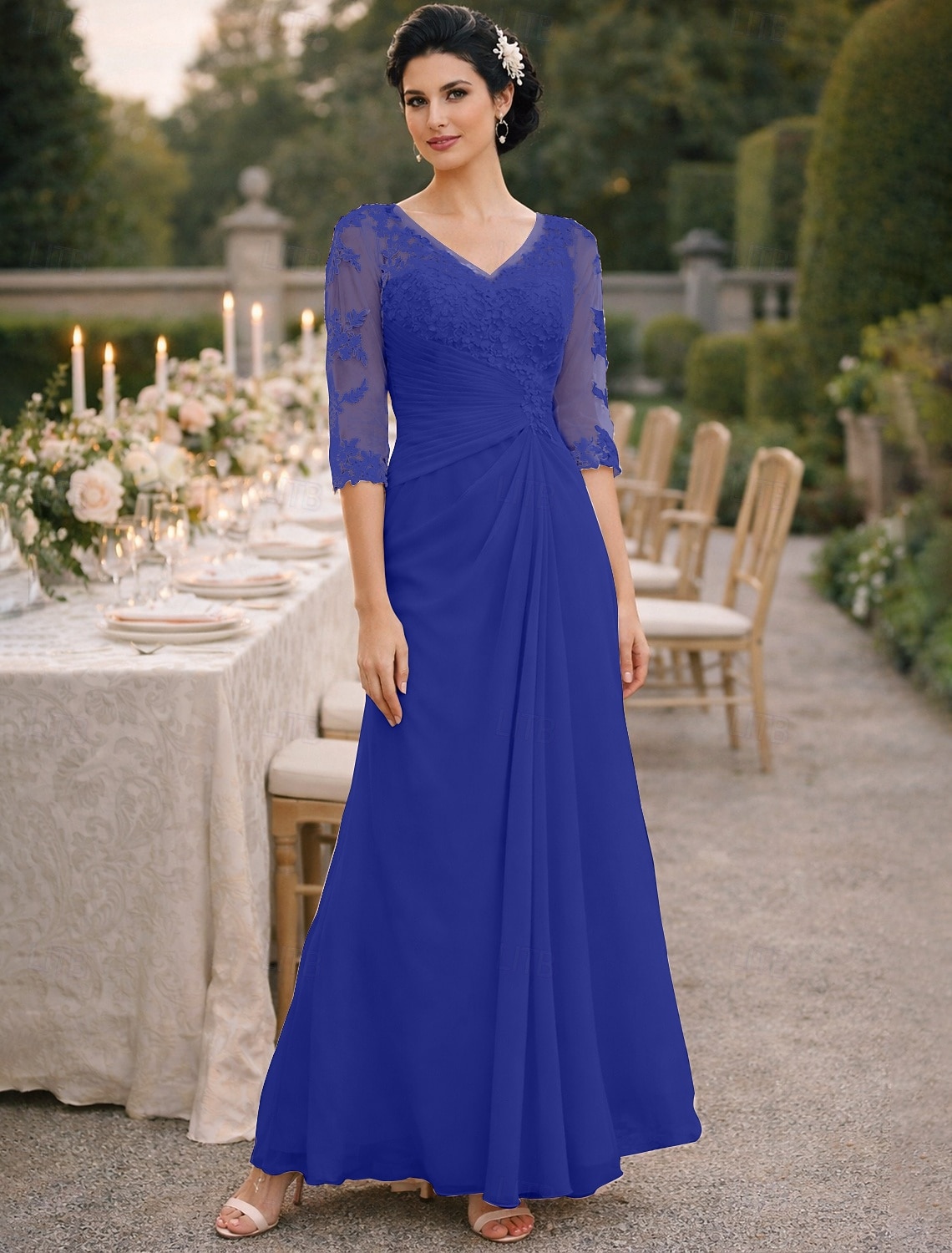 A-Line Floor Length Wedding Guest Dress Formal Dresses Evening Gown Mother of the Bride Dress Half Sleeve V Neck Elegant Plus Size See Through Wedding Guest Chiffon with Appliques Side Draping